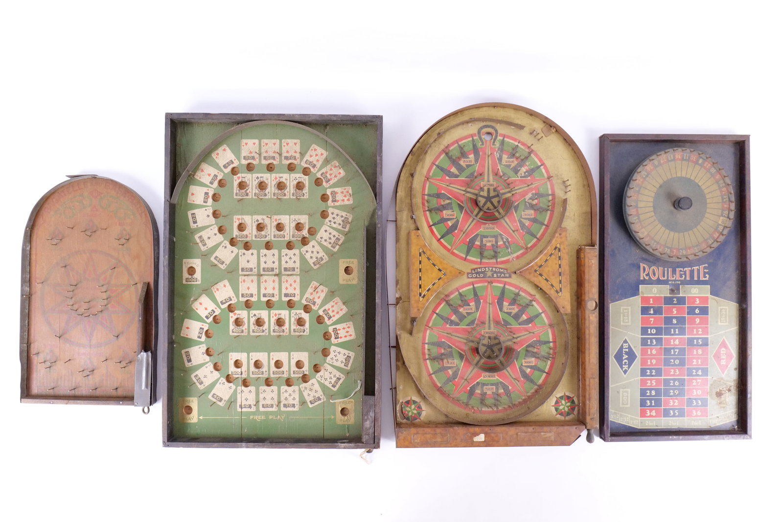 Lot of 4 Antique Tabletop Games: Lot of 4 Antique Tabletop Games. Circa 1930's-40's. Including Lindstrom's Gold Star - Vibrant Graphics but heavy rusting and wear and tear present - Also has some metal missing - Instructions on back,