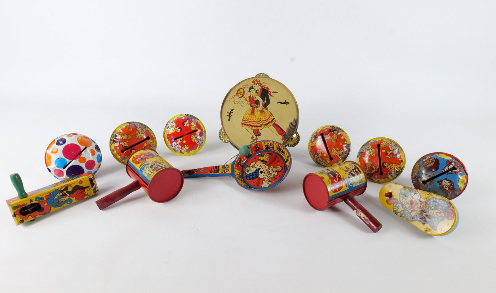 Lot of 12 Vintage Clown/Circus Tin Litho Noisemakers (1 of 9)