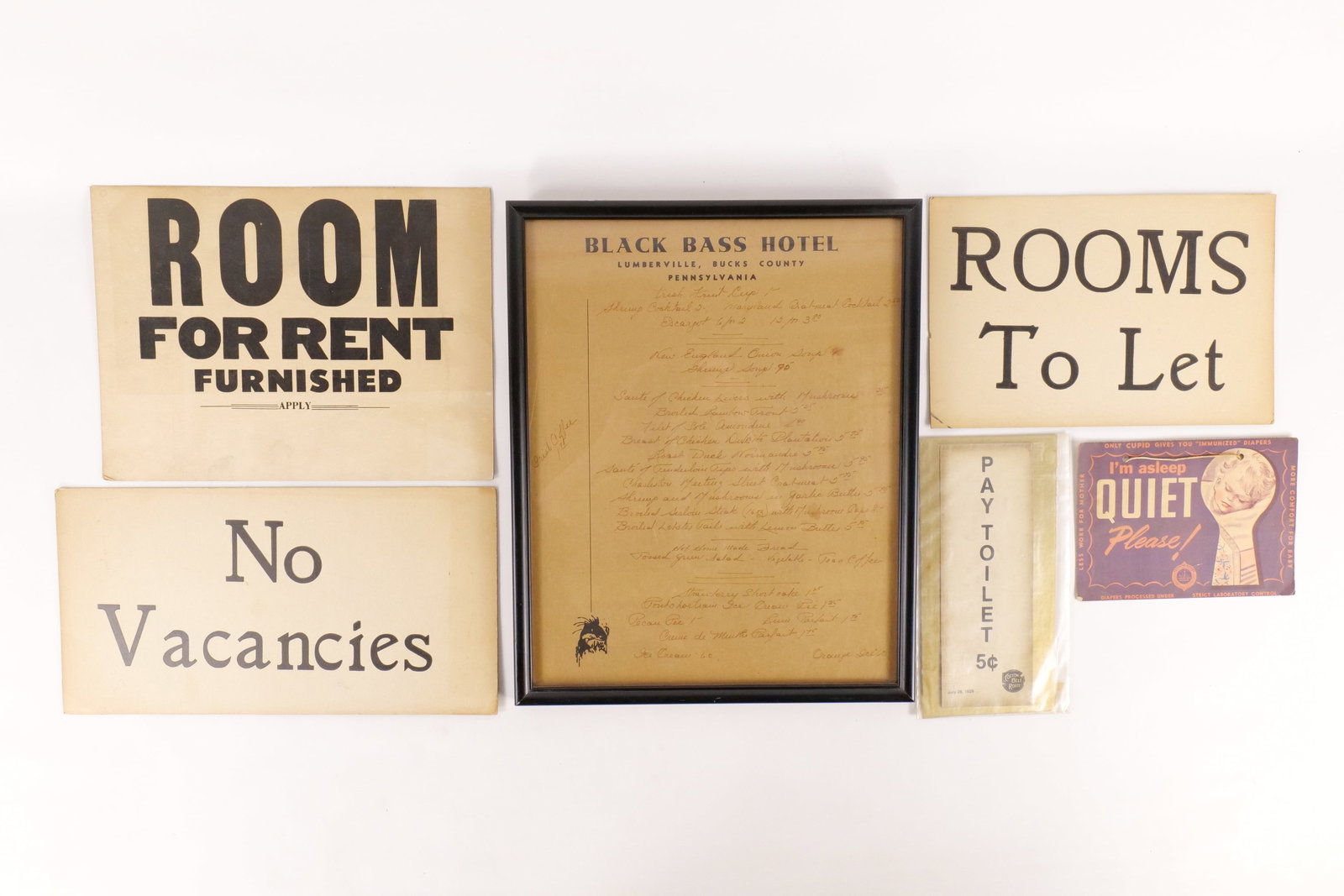Vintage Paper Americana Ephemera Lot: Vintage Paper Americana Ephemera Lot. Including Blass Bass Hotel Framed Menu - Lumberville PA - Handwritten, Cotton Belt Route Pay Toilet Slip - Dated July 26, 1929, " Quiet Please" Baby Door Hanger -