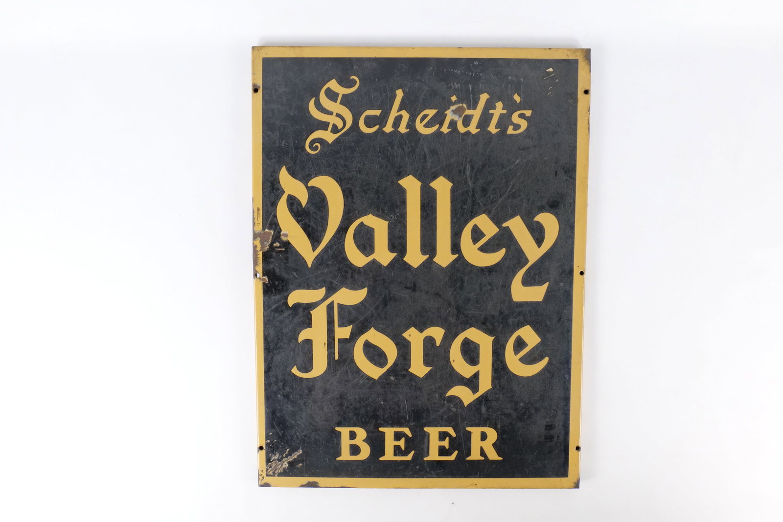 Vintage Scheidt's Valley Forge Beer Embossed Metal Sign: Vintage Scheidt's Valley Forge Beer Embossed Metal Sign. Circa 1930's-1940's. Shows spidering and some oxidation/rust in some areas. Measures 24" tall x 18" wide. All invoices must be paid within 24 h