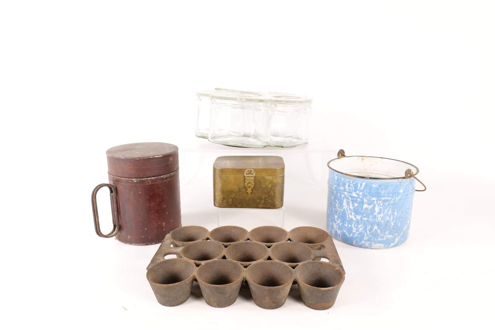 Vintage Kitchen and Utility Lot: Vintage Kitchen and Utility Lot. Including Federal Glass "Refrigerette" Lazy Susan with original green metal base, Cast Iron 12 Cup Muffin/Gem Cup, Blue Spatterware Pail, Insulated Picnic/Lunch Jug, a