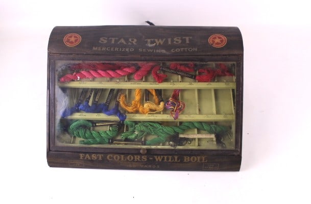 Vintage Star Twist Mercerized Sewing Cotton Display Case: Vintage Star Twist Mercerized Sewing Cotton Display Case. Countertop Display Cabinet. Iconic Star Logos on the sides and top. Features the famous slogan "Fast Colors-Will Boil". Slanted Glass Front wi