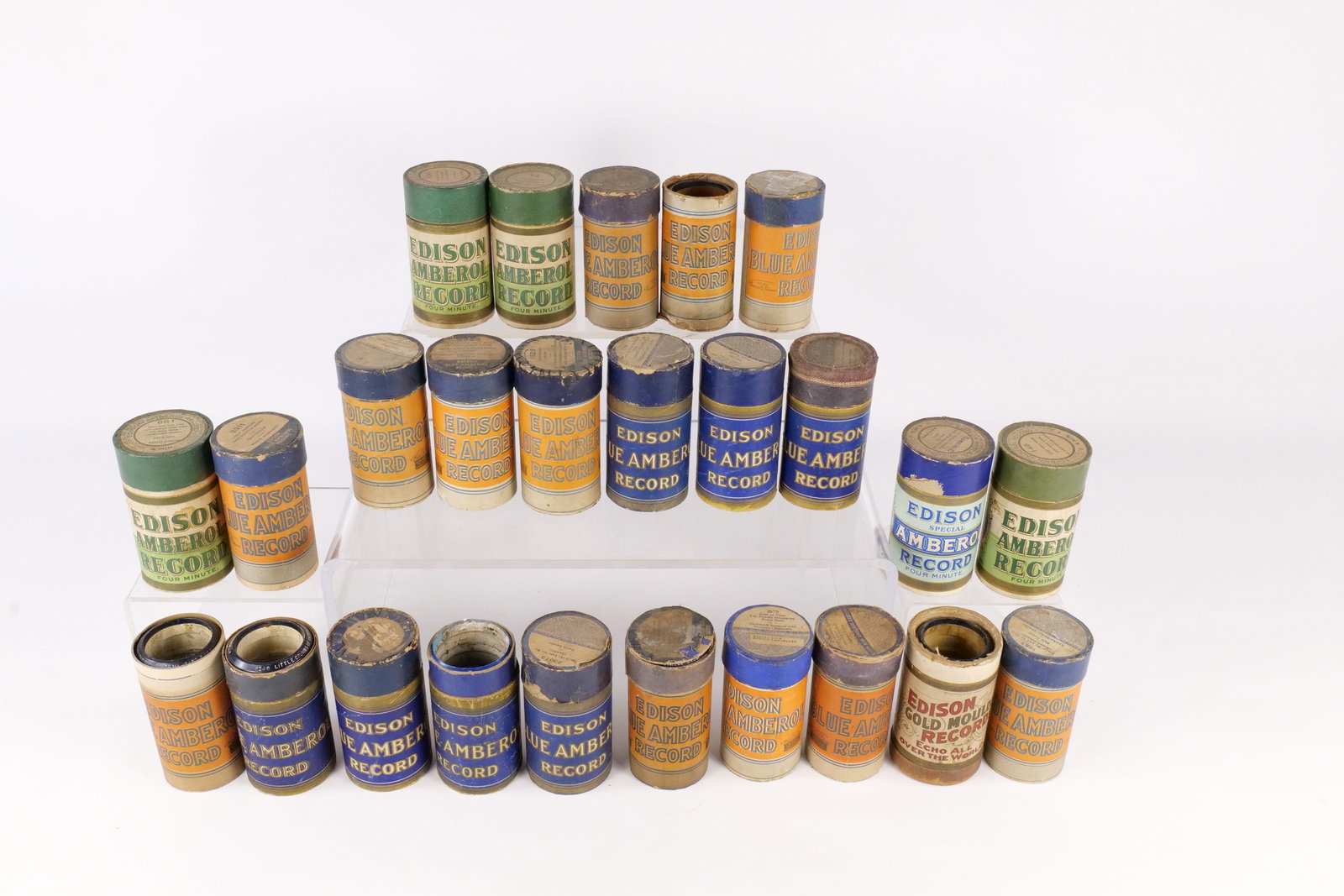 Lot of 25 Antique Edison Blue Amberol & Amberol Cylinder Records: Lot of 25 Antique Edison Blue Amberol & Amberol Cylinder Records. Circa 1908-1929. Featured Titles/Artist including "The Shipmates" Vaudeville Sketch by Golden and Hughes, "Anne Laurie" Piano Solo by 