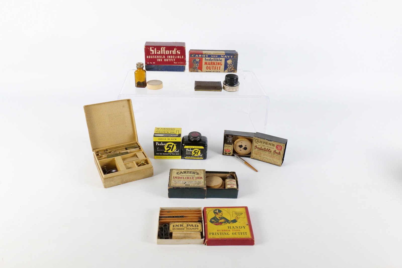 Vintage Stationery & Indelible Ink Lot: Vintage Stationery & Indelible Ink Lot - 7 Pieces. Including Carter's Incredible Ink Outfits , Stafford's Indelible Ink Outfit, Army and Navy Marking Outfit, Parker "51" India Black Ink, and More. Box