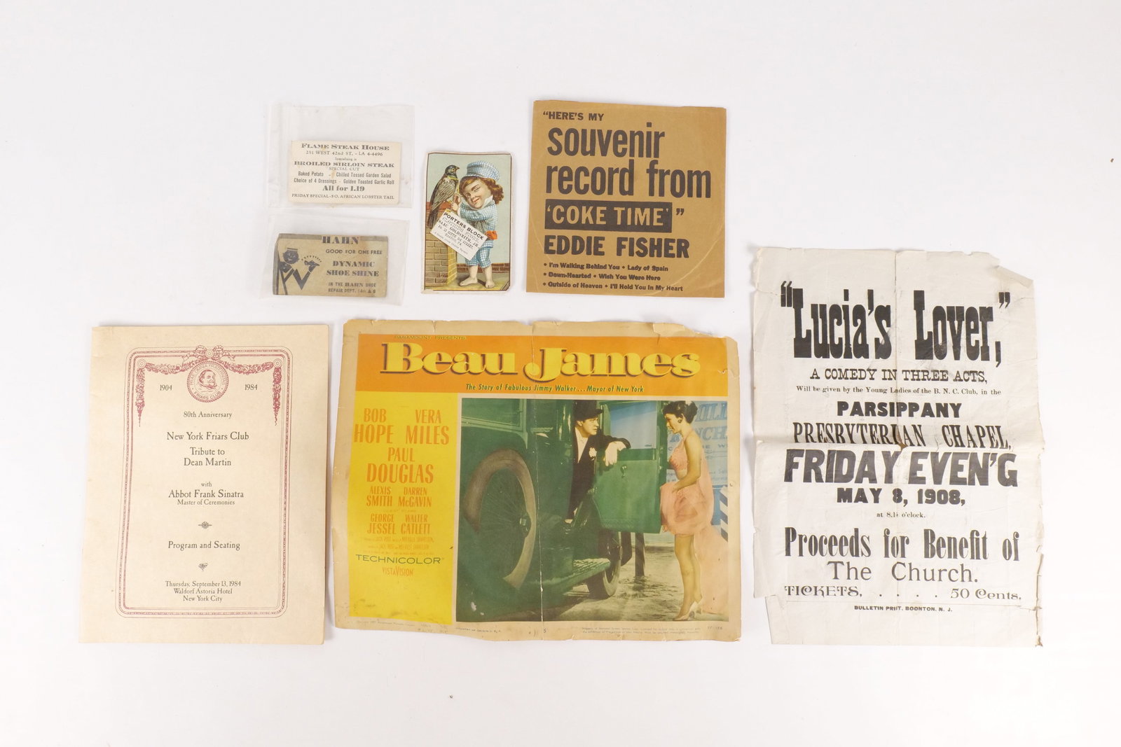 Vintage Ephemera Collection: Vintage Ephemera Collection. Including "Beau James" Lobby Card (1957), "Lucia's Lover" Playbill (1908), NY Friars Club Program (1984), Eddie Fisher "Coke Time" Record with Sleeve, Flame Steak House Me
