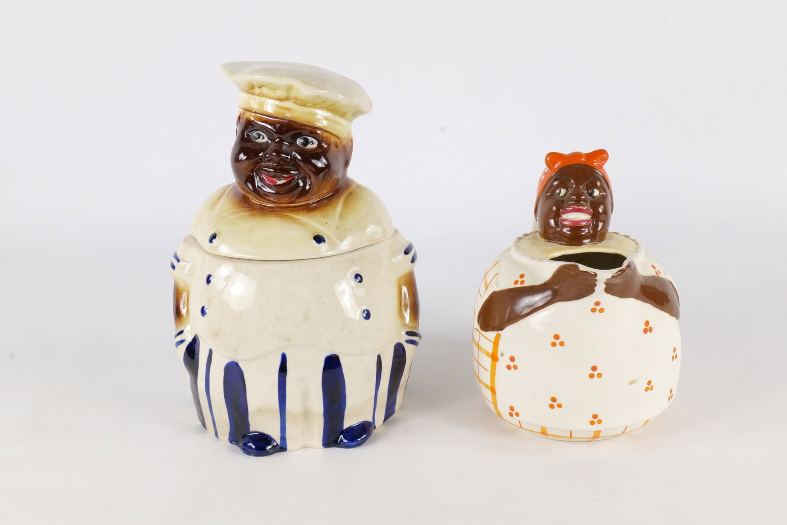 Vintage Ceramic Chef Cookie Jar and Creamer: Vintage Ceramic Chef Cookie Jar and Creamer. Some crazing present and minor paint chipping on the face. Tallest measures 10" tall. All invoices must be paid within 24 hours of the sale. We offer multi