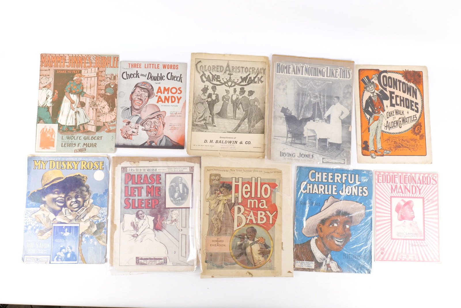 Collection of Antique Black Americana Sheet Music: Collection of Antique Black Americana Sheet Music (1899-1930). Ragtime, Minstrel, and Vaudeville. Including Hello Ma Baby by Howard and Emerson, Colored Aristocracy Cake Walk, Please Let Me Sleep by H