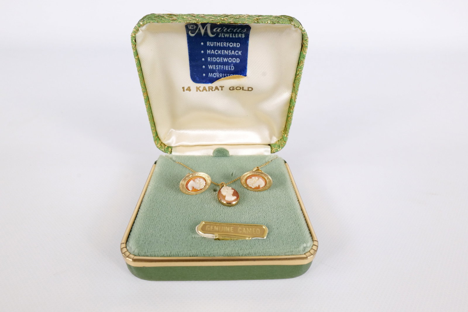 14K Cameo Set: A 14 K yellow gold cameo necklace and earring set. The necklace is a 14 K yellow gold dainty chain with a small Oval cameo pendant. The chain is marked 14 K the pendant is not. The earrings are small