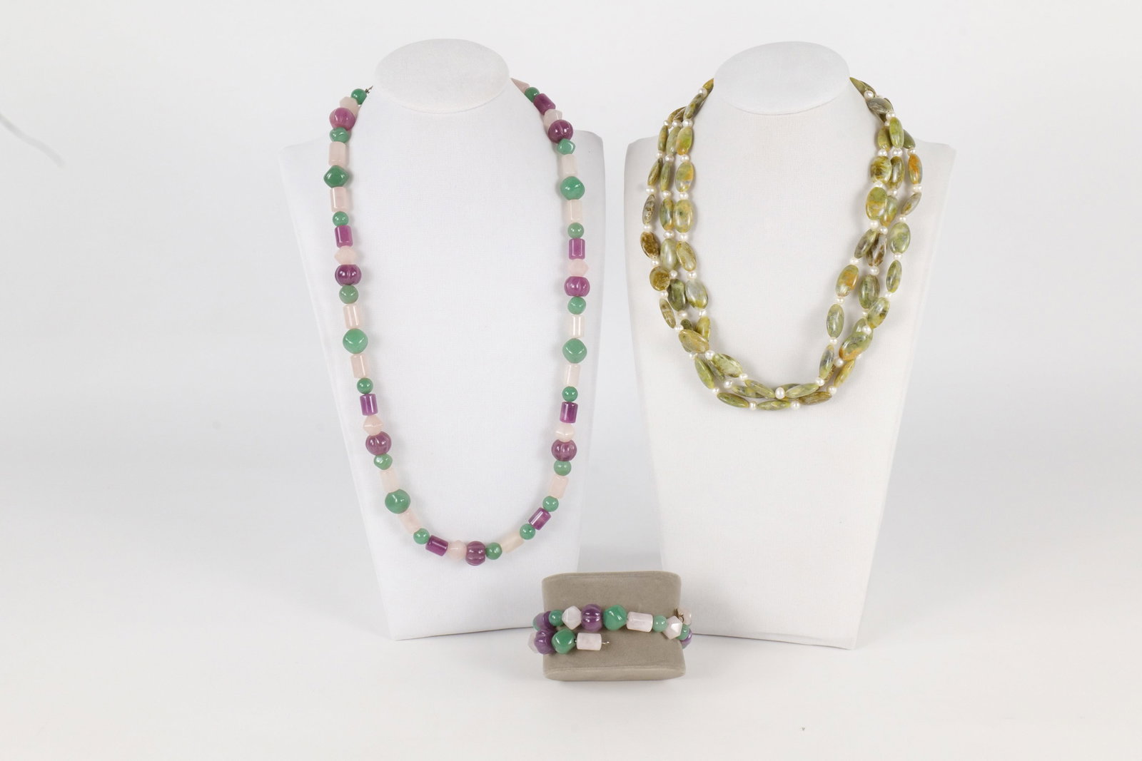 Lot of Jay King Gemstone Beaded and Sterling Jewelry: Lot of Jay King Gemstone Beaded and Sterling Jewelry. Including Necklace and Bracelet Set with Rose Quartz and Amethyst and Other Necklace is Jasper and Fresh Water Pearls. Two are marked and other ma