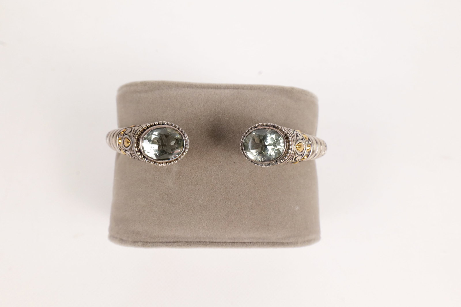 Robert Manse Sterling Silver Hinged Bangle Bracelet: Robert Manse Sterling Silver with 18K Accents Prasiolite Hinged Bangle Bracelet. Marked M925 ID 18K. Measures 6.75". All invoices must be paid within 24 hours of the sale. We offer multiple shipping o