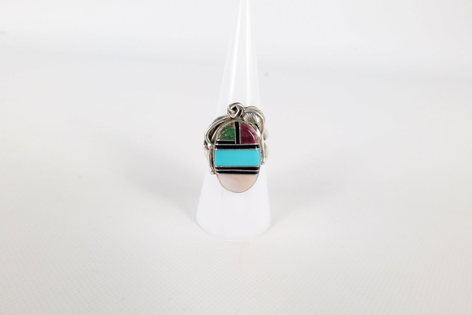 Sterling Southwest Ring: Sterling Southwest Ring - Set with Mother of Pearl, Turquoise, and Gemstones. Signed A - Sterling. Size 7.5. All invoices must be paid within 24 hours of the sale. We offer multiple shipping options, 