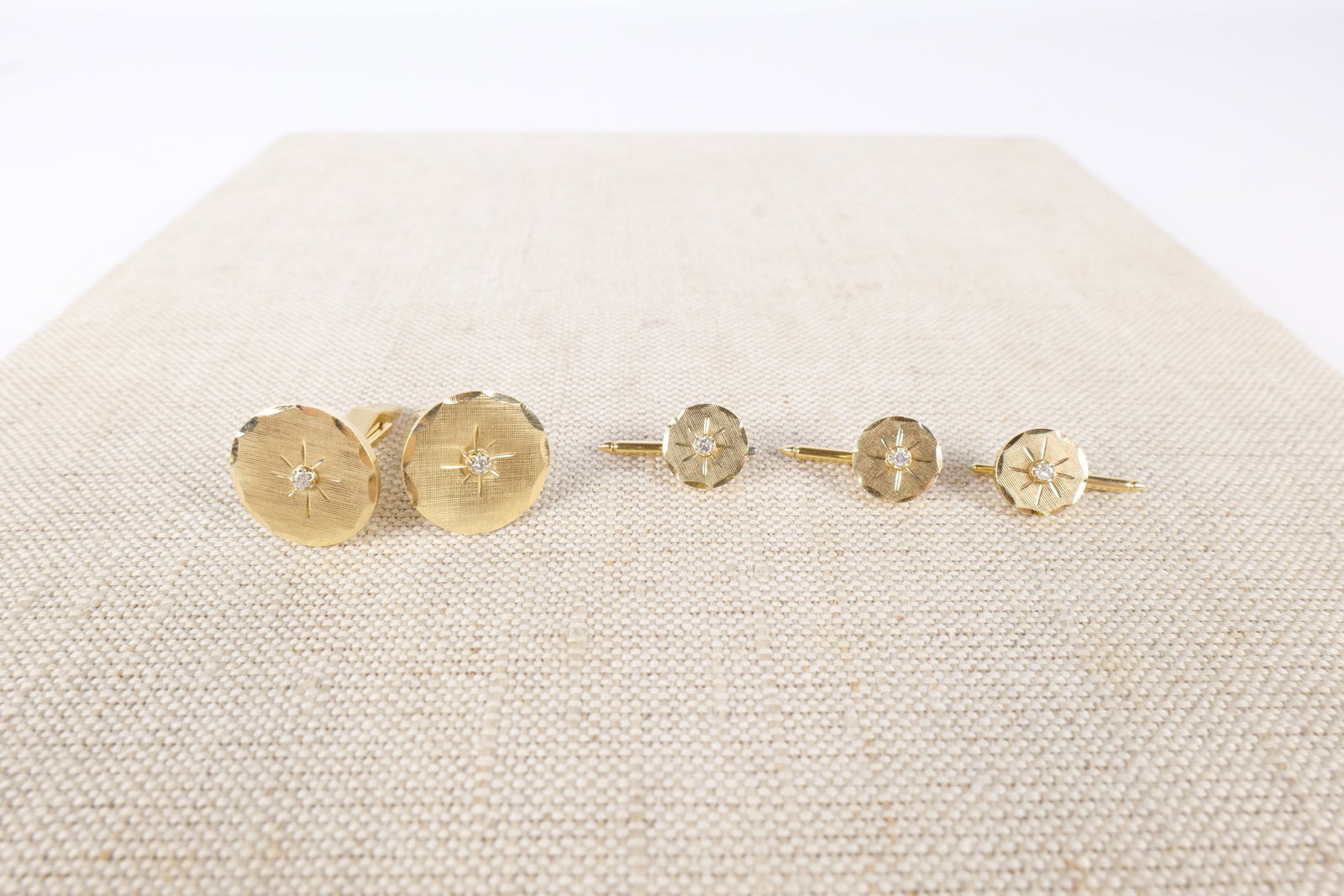 14k and Diamond Cufflinks and Shirt Buttons: 14k and Diamond Cufflinks and Shirt Buttons. Cufflinks measures 3/4" across. Weighs 13.5 grams with stones. All invoices must be paid within 24 hours of the sale. We offer multiple shipping options, p