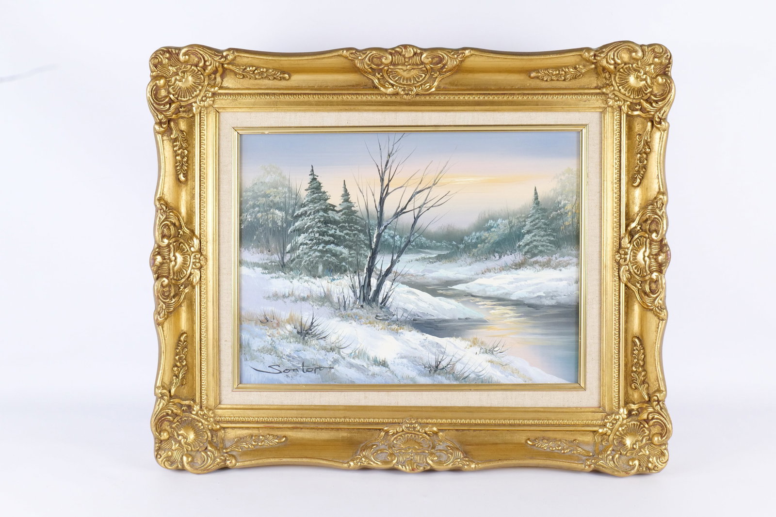Winter Landscape Oil on Canvas by Sontoro: Oil on Canvas by Sontoro. Depicting a winter scene. Signed lower left. Late 20th Century. Measures 19" tall x 23" wide. All invoices must be paid within 24 hours of the sale. We offer multiple shippin