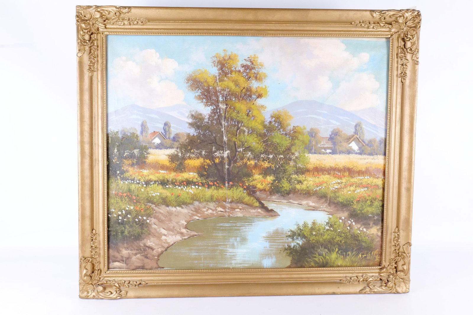 Oil on Canvas by Bela Barsi: Oil on Canvas by Bela Barsi (1872-1913) - Mounted on Poster Board. Depicting a European Farm Landscape. Signed lower left. Has a crease with paint loss in the middle of canvas. Frame is AS-IS. Measure