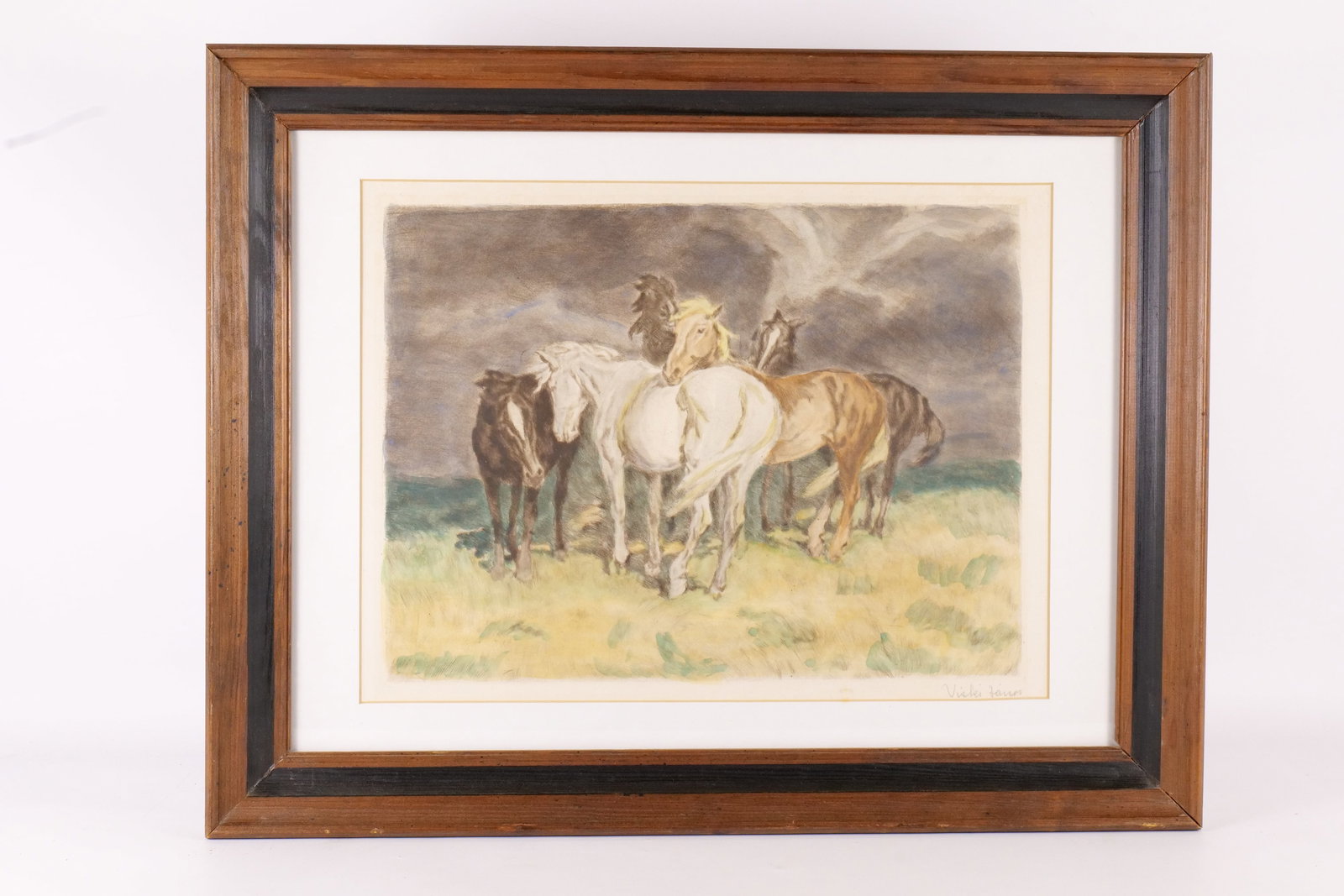 Vintage Vicki Fair Signed Equine Hand Colored Lithograph: Vintage Vicki Fair Signed Equine Hand Colored Lithograph. Depicting Horses in Field. Signed Lower Right. Measures 19" tall x 24" wide. All invoices must be paid within 24 hours of the sale. We offer m