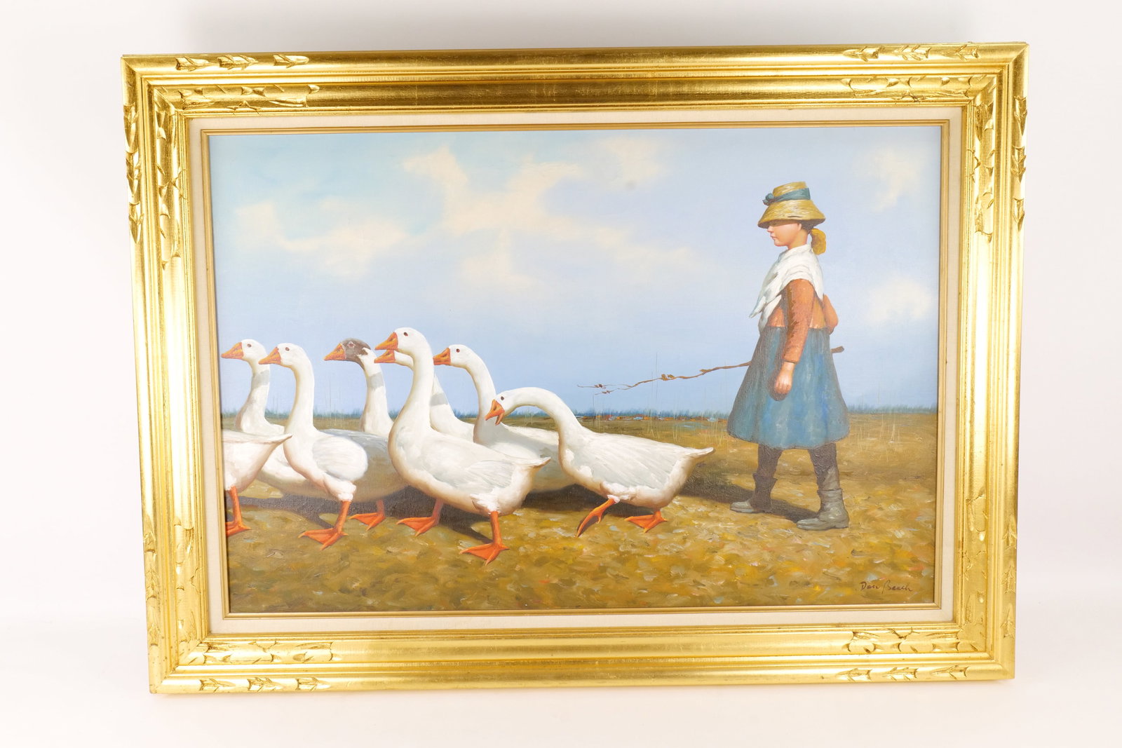 Oil on Canvas by Don Beach - Girl with Geese: Oil on Canvas by Don Beach. Depicting a European Young Girl with Geese. Signed lower right. Mid to late 20th century. In a nice gold gilded frame. Measures 31.5" tall x 43.5" wide. All invoices must b