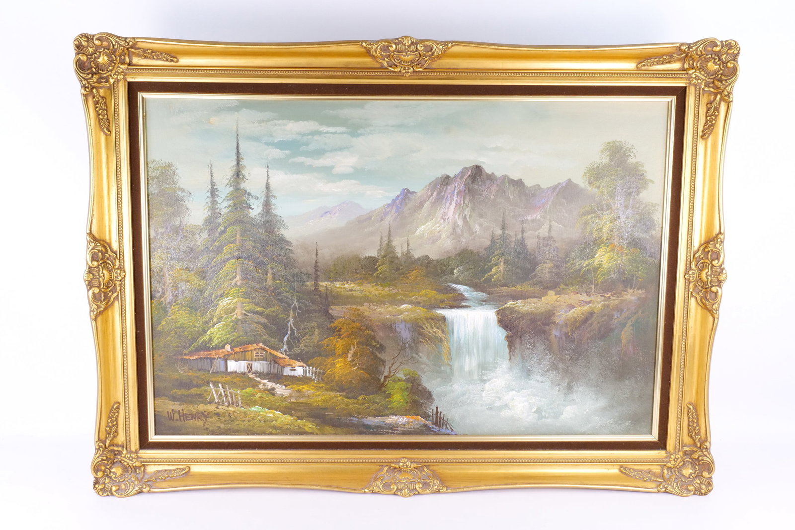 Oil on Canvas by W. Henry - Waterfall: Oil on Canvas by W. Henry. Depicting a Waterfall Landscape Scene. Signed lower left. Mid to late 20th century. Measures 30.5" tall x 43" wide. All invoices must be paid within 24 hours of the sale. We
