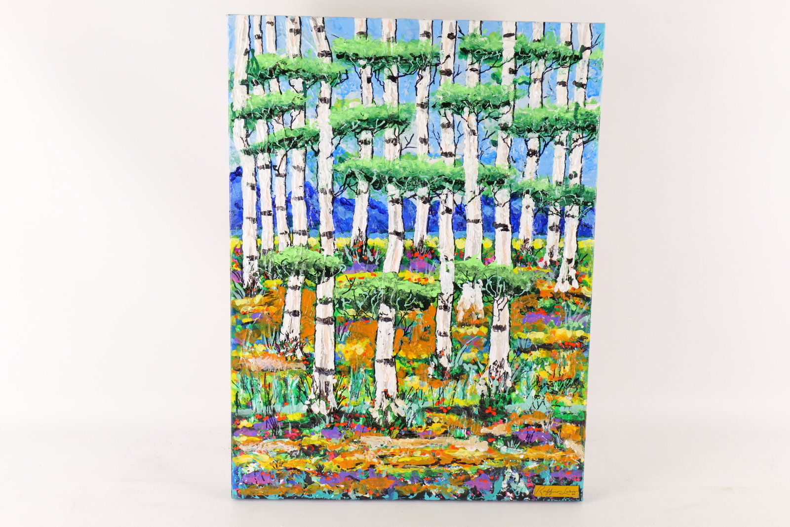 Ruffino Lubis NYC Original Mixed Media Textured Painting - Birch Landscape: Ruffino Lubis NYC Original Mixed Media Textured Painting. Depicting Vibrant Birch Forest Landscape. Signed on back of canvas. Dated 2026. Painted on Canvas. Has nameplate on bottom. Unframed. Measures
