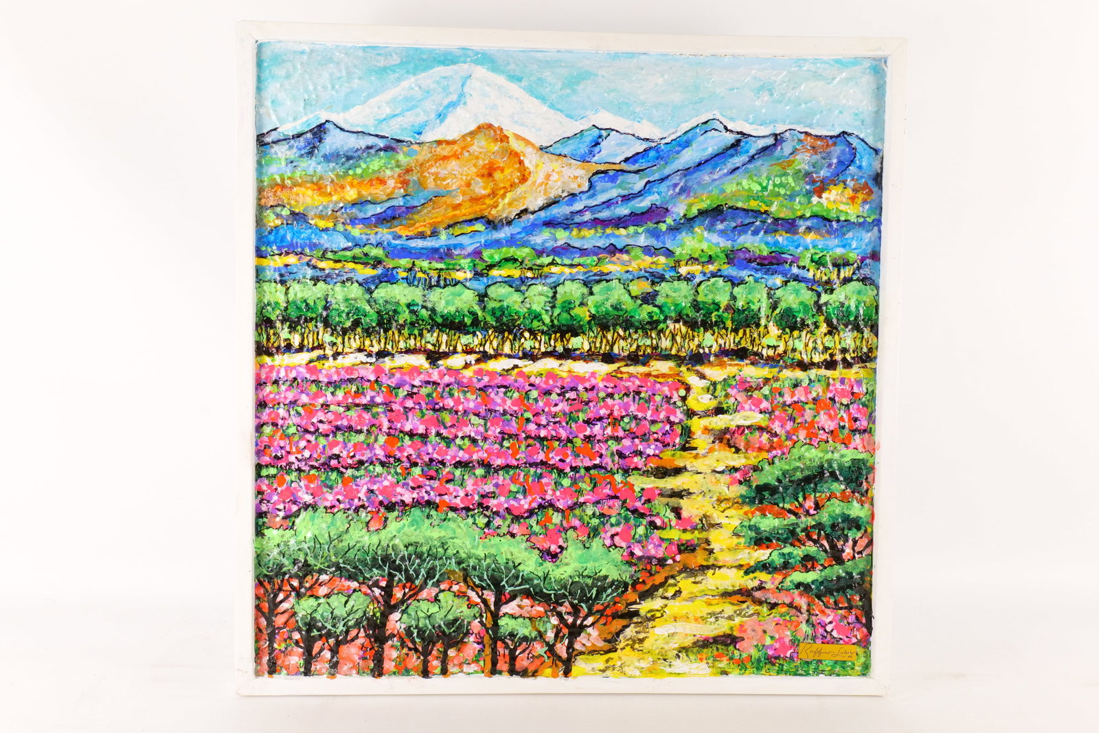 Ruffino Lubis NYC Original Mixed Media Textured Painting - Mountain Landscape: Ruffino Lubis NYC Original Mixed Media Textured Painting - Mountain Landscape. Signed on back. Dated 2026. Has nameplate on bottom. Framed. Painted on Art Board. Measures 25" tall x 25" wide. All invo