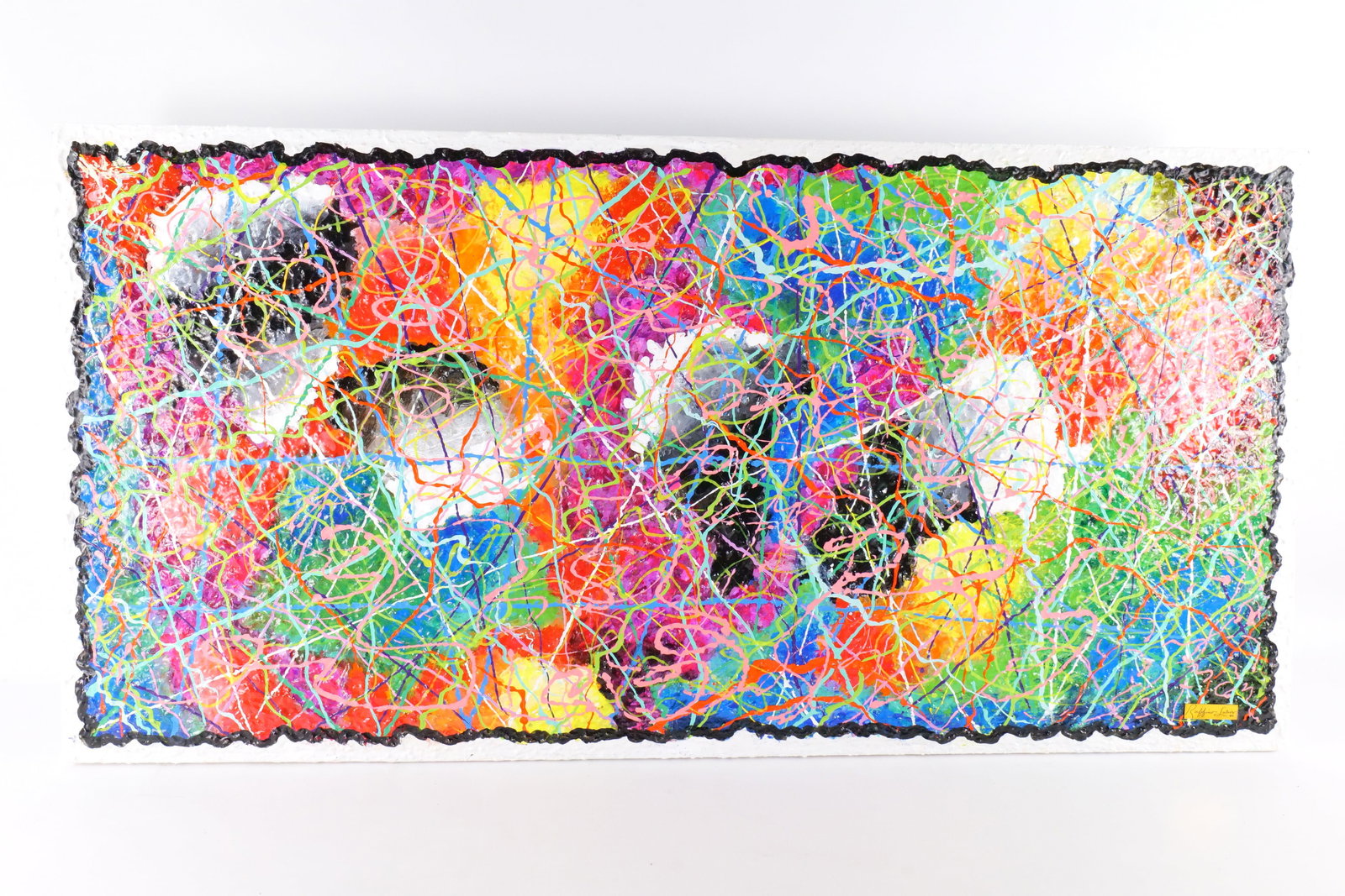 Ruffino Lubis NYC Original Mixed Media Textured Painting - Abstract: Ruffino Lubis NYC Original Mixed Media Textured Painting - Large Abstract Drip Art. Has nameplate on bottom. Painted on Art Board. Measures 24.5" tall x 48.5" wide. All invoices must be paid within 24
