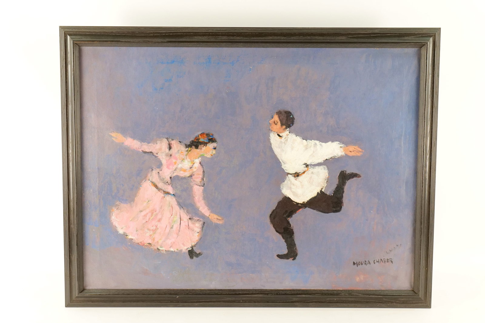 Mid-Century Oil on Canvas by Moura Chabor - Folk Dancers: Mid-Century Oil on Canvas by Moura Chabor (1905-1995). Depicting Folk Dancers. Signed lower right. Measures 25" tall x 33.25" wide. All invoices must be paid within 24 hours of the sale. We offer mult