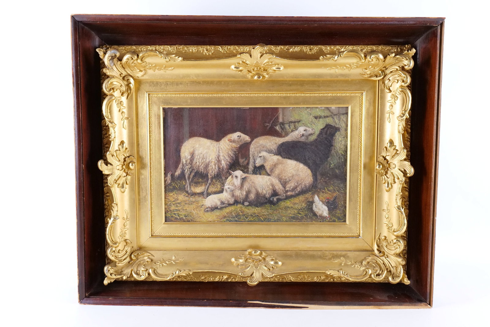 19th Century Oil on Board - Sheep and Rooster: 19th Century Oil on Board. Depicting Sheep and Roosters in a Pen. Comes in shadow box frame. Frame is AS-Found - Missing glass front and sides are damaged. Measures 23" tall x 28.5" wide. All invoices
