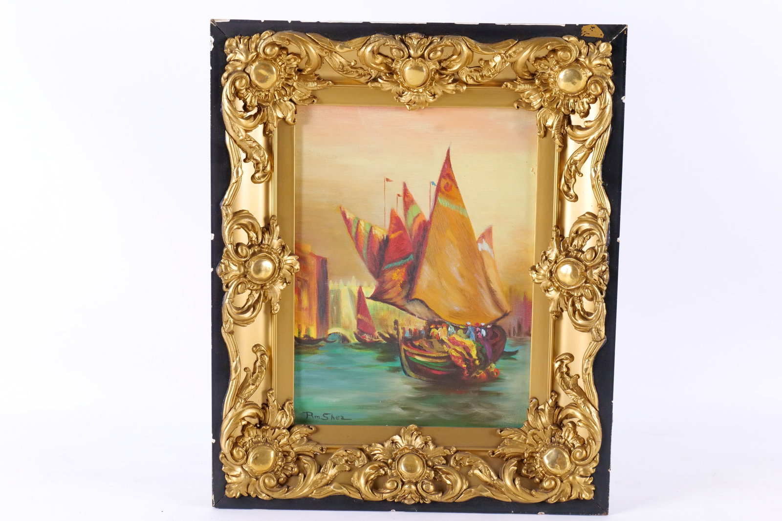 Antique Oil on Canvas by R.M. Shea - Boats: Antique Oil on Canvas by R.M. Shea. Depicting boats at harbor. Comes in shadow box style frame. Frame AS-Found. Measures 17" tall x 14" wide. All invoices must be paid within 24 hours of the sale. We 