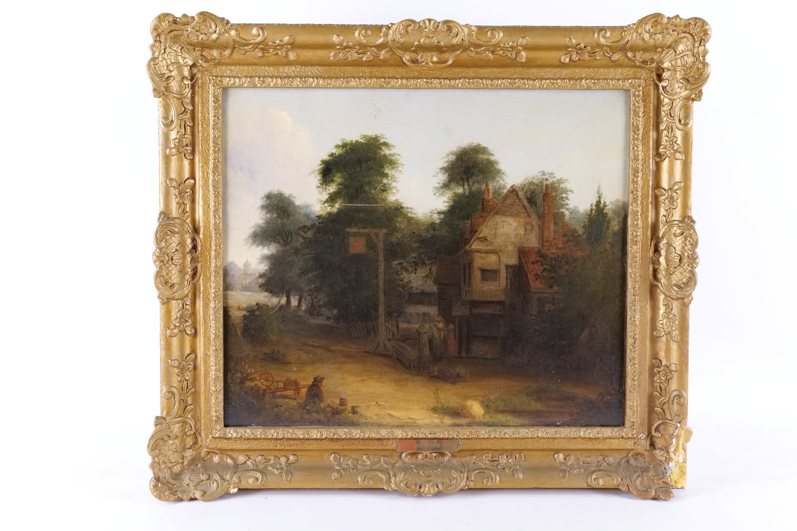 19th Century Oil on Canvas by T.P. Frere - Cottage: 19th Century Oil on Canvas by T.P. Frere. Depicting a cottage scene. Frame AS-Found. Appears to have been relined. Measures 20" tall x 23" wide. All invoices must be paid within 24 hours of the sale. 