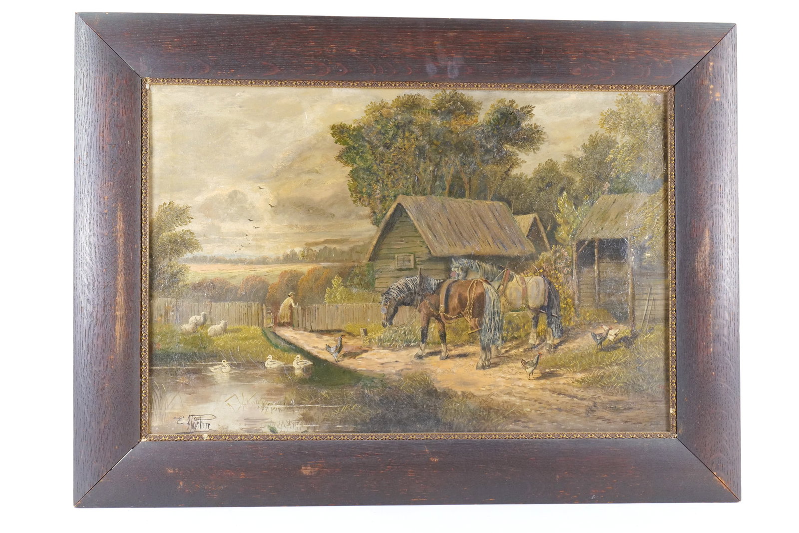 19th Century Oil on Canvas by Etty Horton - Victorian Pastoral: 19th Century Oil on Canvas by Etty Horton - Active (1882-1905). Depicting a Victorian Pastoral Farm Scene with Horses and Livestock. Signed lower left. Minor paint loss to back right barn. Measures 22