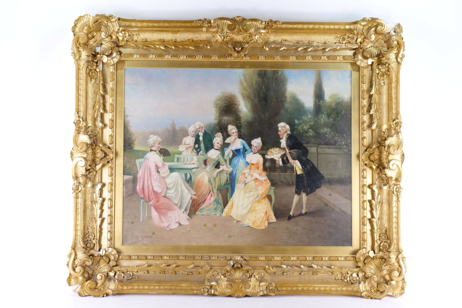 Monumental 19th Oil on Canvas by Jules Garson: Monumental 19th Oil on Canvas by Jules Garson (1910-. Depicting a French Outdoor Scene of Women being Courted. Signed lower left. Comes in extremely ornate frame. Under Glass. Frame is AS-Found. Measu
