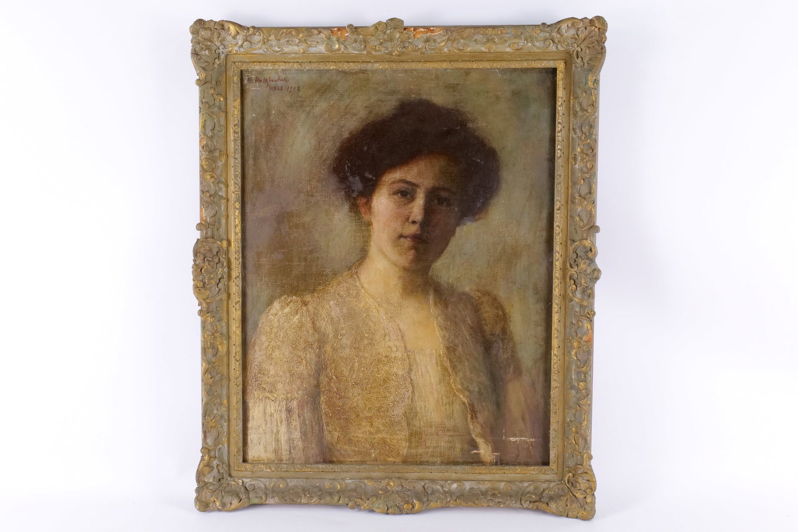Antique Oil on Canvas - Belle Epoque Portrait: Antique Oil on Canvas. Belle Epoque Painting of Young Woman. Artist Signed Top Left - E. Holtzbacher - Paris 1902. Has been relined. Showing some repairs. Does have paint loss on bottom right. Frame A