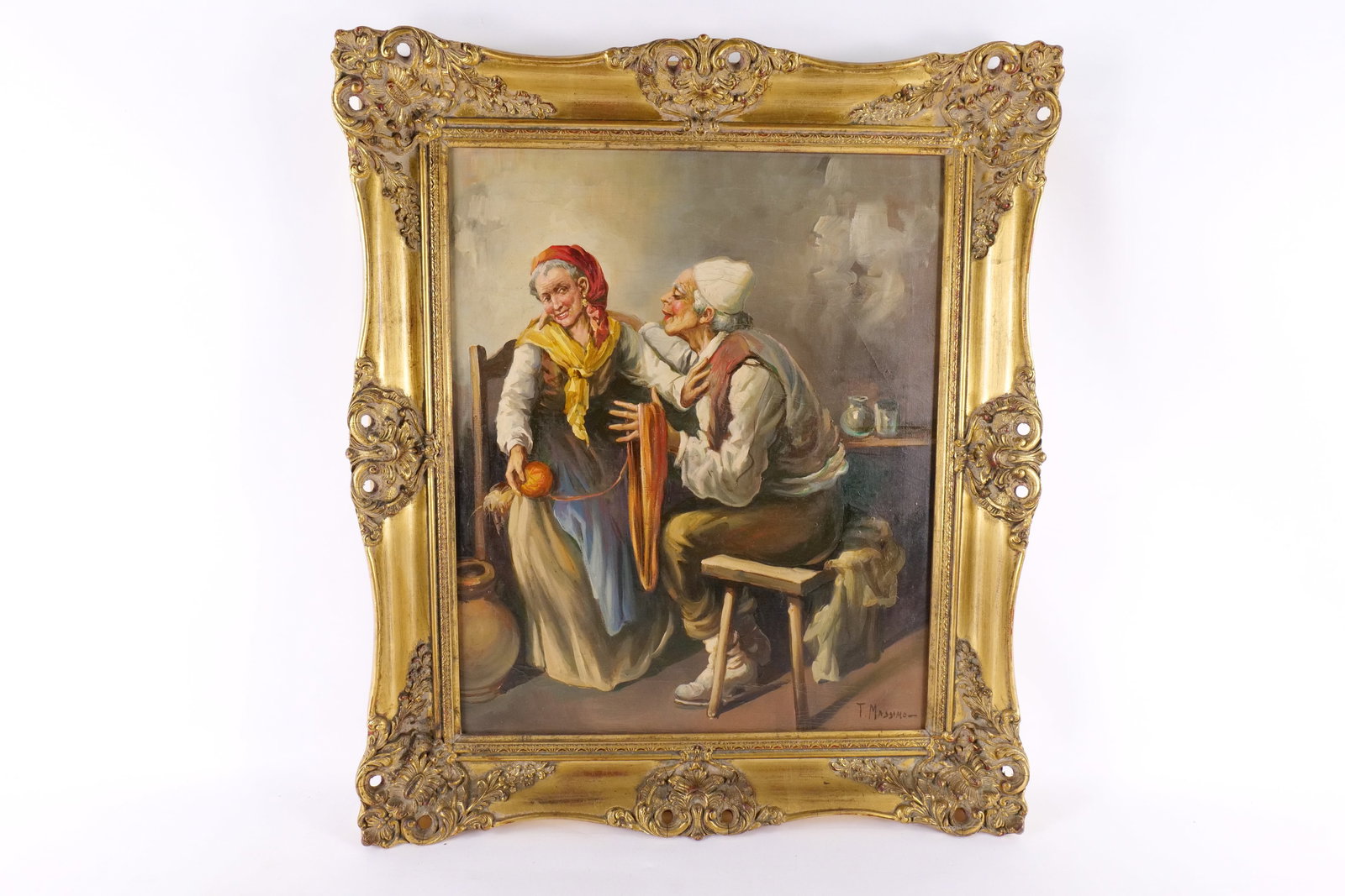 Vintage Oil on Canvas by T. Massimo - Elderly Couple (1 of 12)