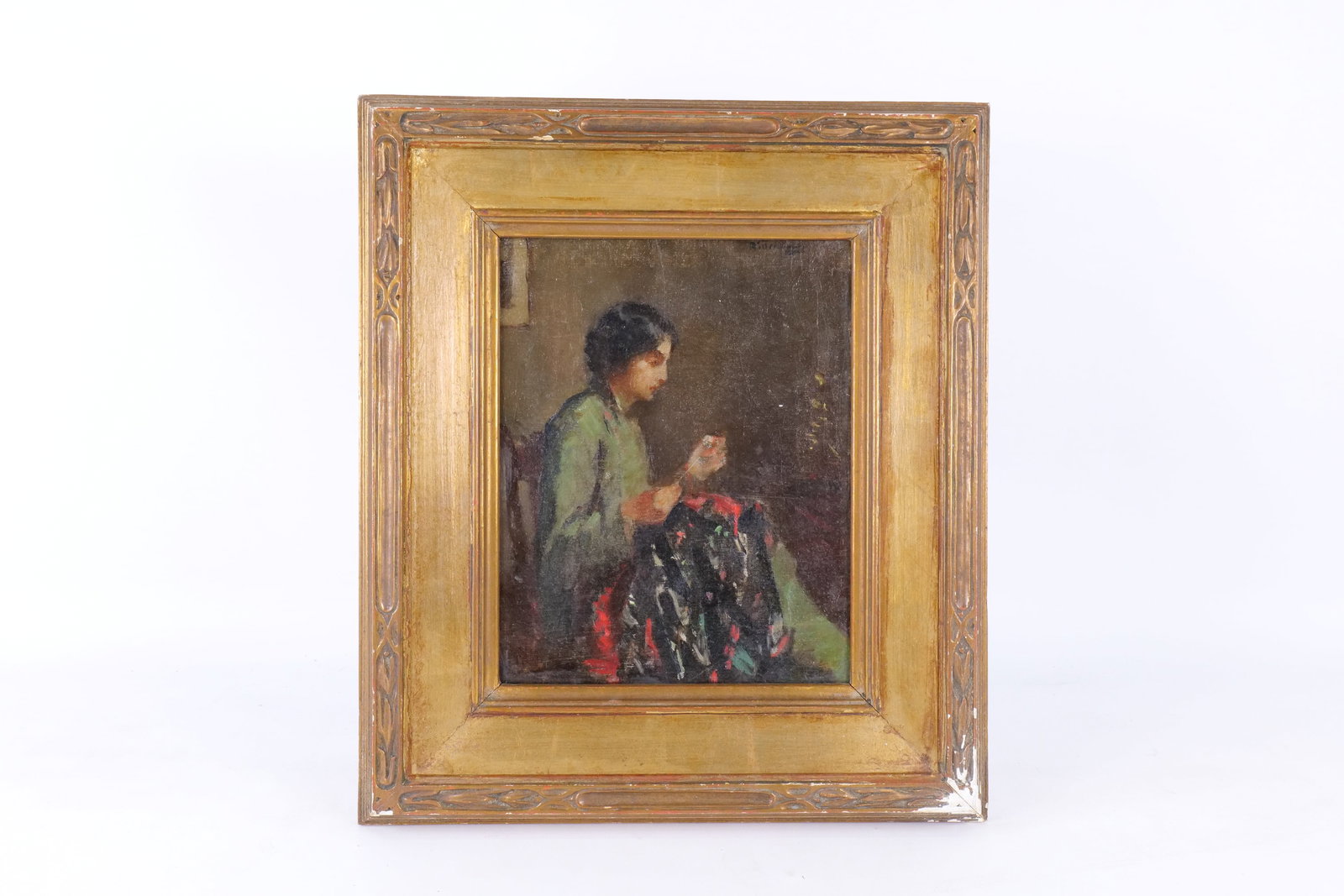 Antique Oil on Canvas - Woman Sewing (1 of 9)