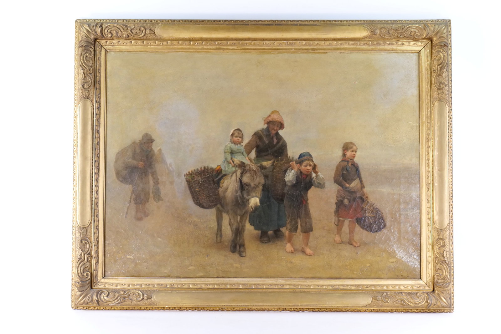 19th Century Oil on Canvas by Robert McGregor: 19th Century Oil on Canvas by Robert McGregor (1848-1922). Depicting a Family walking on the coast. "The Day's Harvest". Including young girl on donkey. Has one minor pinhole in the background sky on 