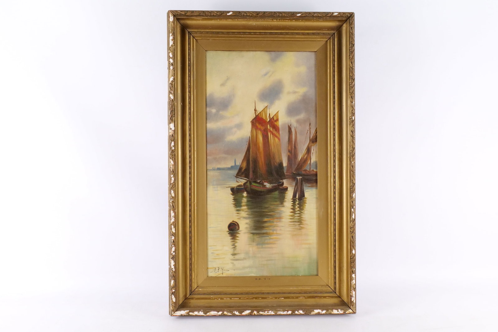 19th Century Oil on Canvas by B.B. Hemy - Tall Ships: 19th Century Oil on Canvas by B.B. Hemy (1845-1913). Depicting a Maritime Seascape - "Tall Ships at Harbor". Frame is AS-Found. Measures 31.5" tall x 19.25" wide. All invoices must be paid within 24 h