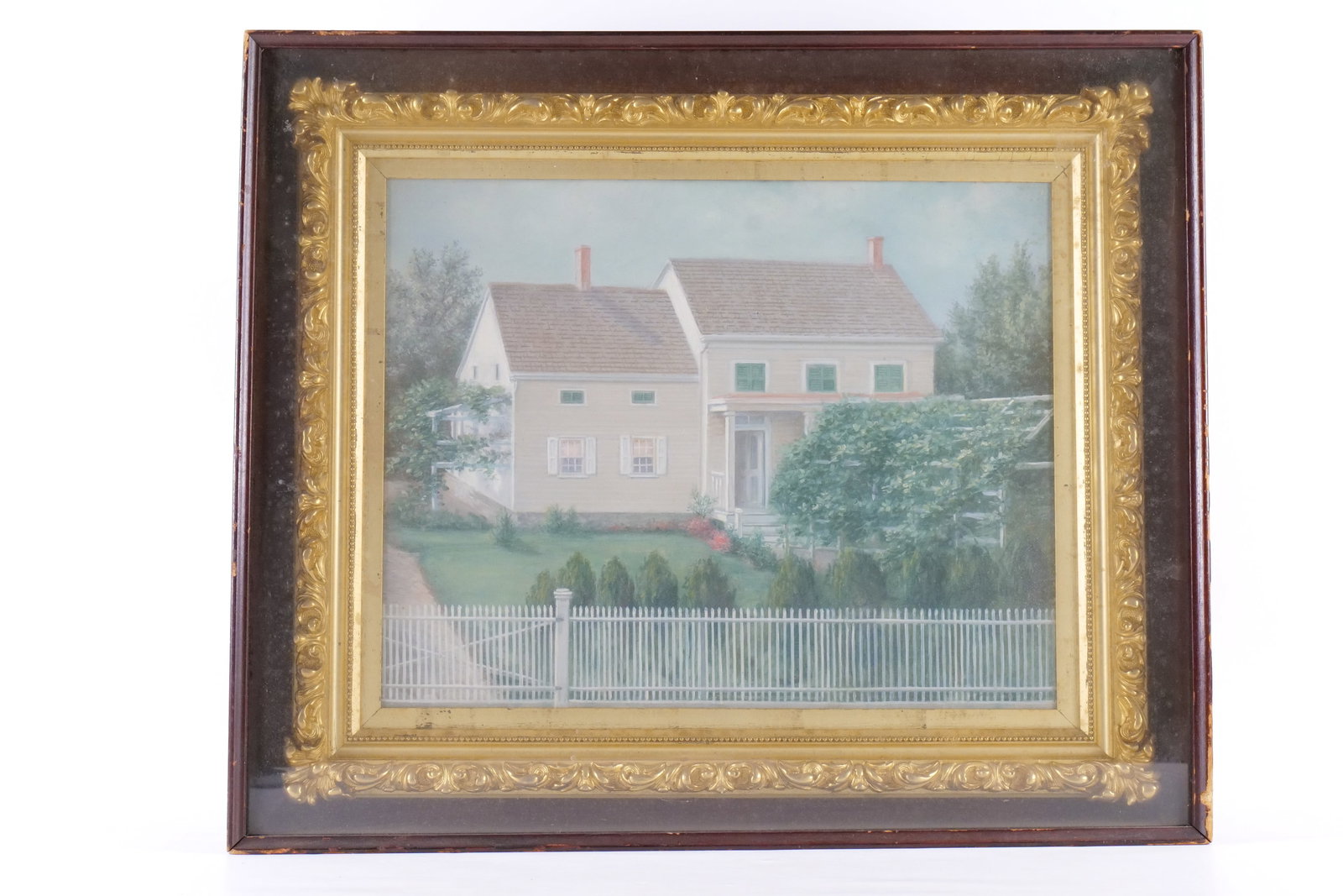 Antique Oil on Canvas - House with Picket Fence: Antique Oil on Canvas. Depicting a House with Picket Fence. Nice Gold Gild Frame. Enclosed in Antique Shadow Box. Measures 22" tall x 26" wide. All invoices must be paid within 24 hours of the sale. W