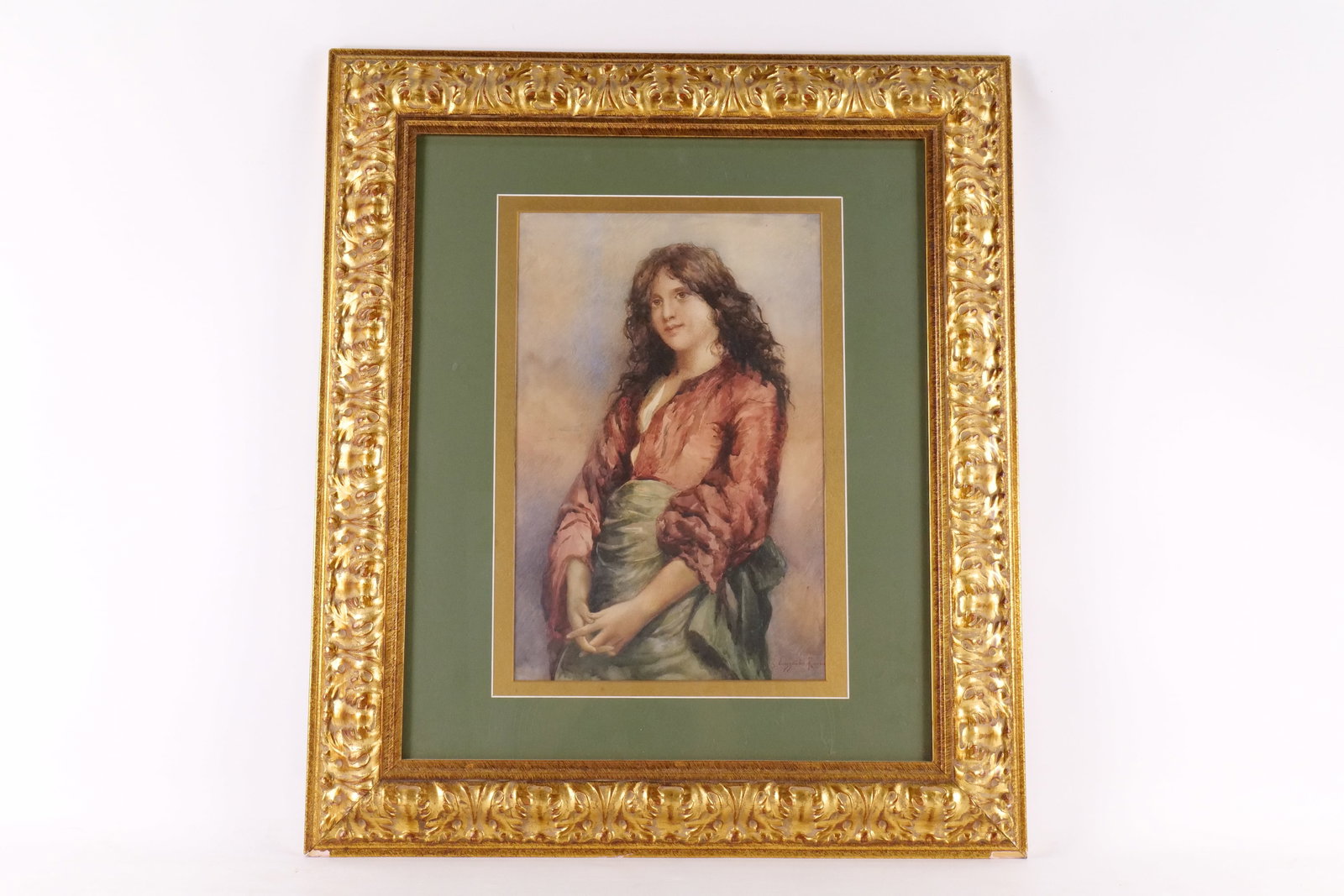 Antique Framed Watercolor - Italian Portrait: Antique Framed Watercolor Italian Portrait. Depicting a Woman. Signed lower right - S. Lazzaritis Roma. Comes in ornate frame with some chipping on the corners. Measures 31" tall x 27" wide. All invoi