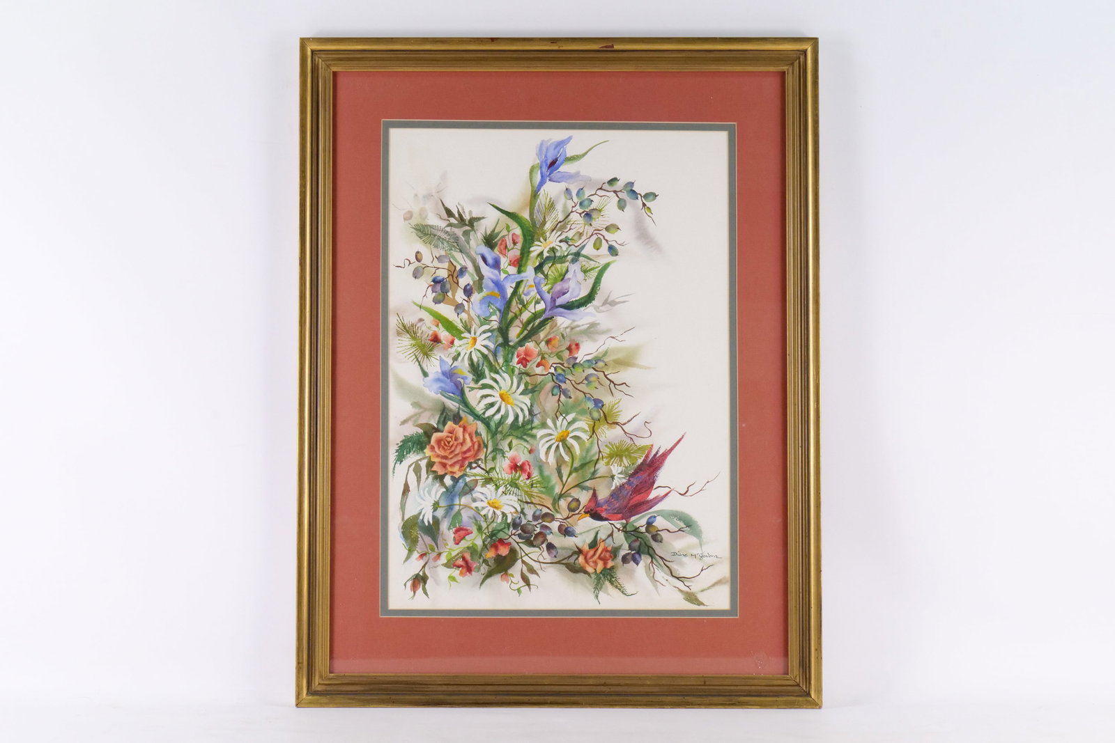 Framed Watercolor by Diane McGovern - Flowers: Framed Watercolor by Diane McGovern. Depicting Flowers and Cardinal. Measures 32" tall x 25" wide. All invoices must be paid within 24 hours of the sale. We offer multiple shipping options, please rea