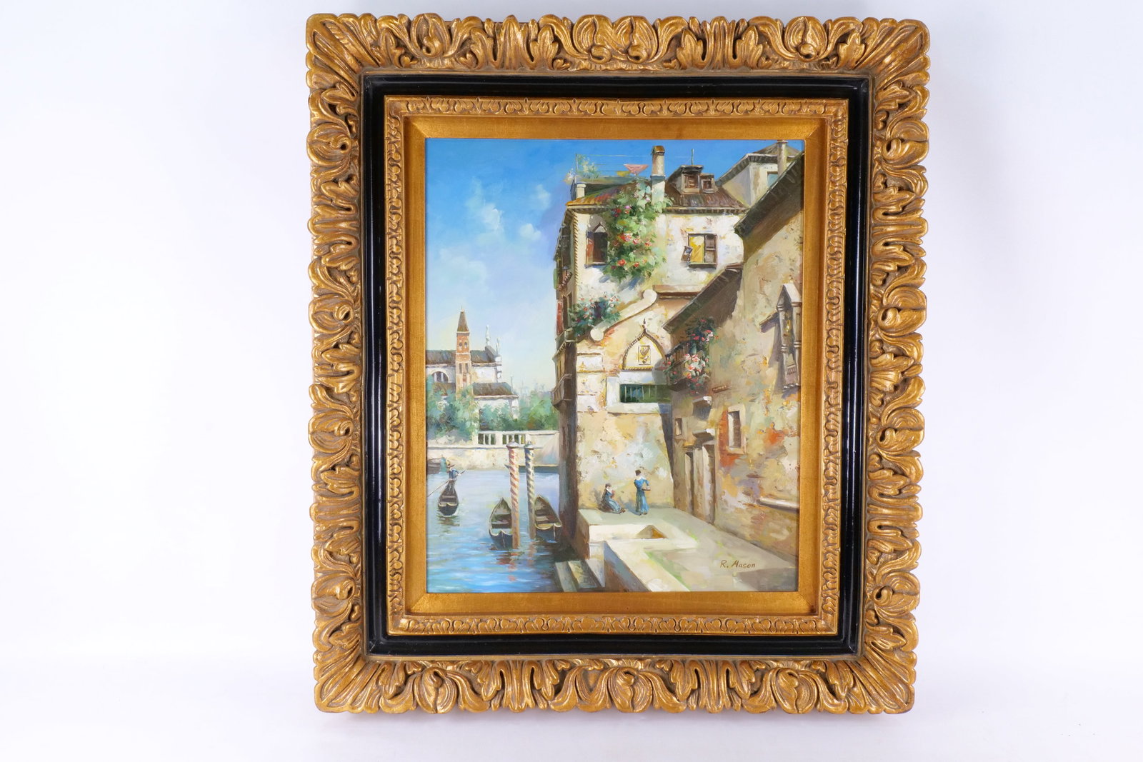 Oil on Canvas by R. Mason - Venice Scene: Oil on Canvas by R. Mason. Depicting a Venice Scene. Signed lower right. Nice ornate frame. Circa Late 20th Century. Measures 35" tall x 31" wide. All invoices must be paid within 24 hours of the sale