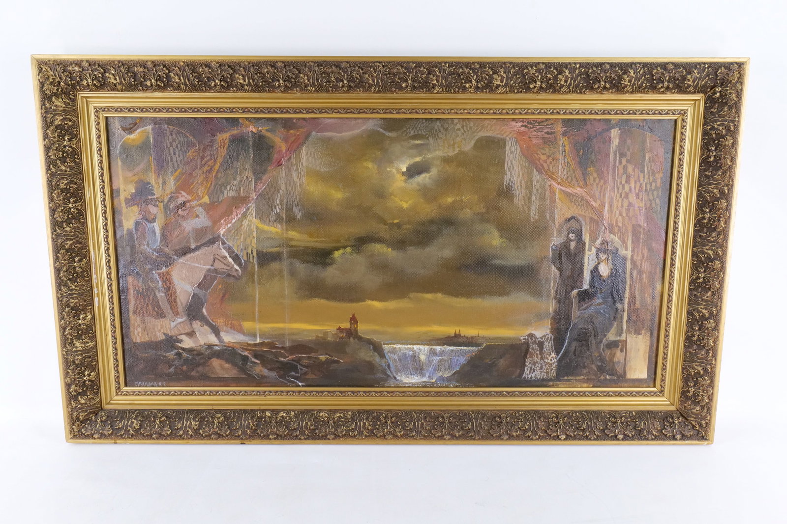 Surrealist Gothic Oil on Canvas by V.V. Sinitsyn: Surrealist Gothic Oil on Canvas by V.V. Sinitsyn. Entitled "Castle and Waterfall. From "Ghost and the Hunt" Series. Dated 1997. Features Gothic Scene - Knights, Seated Queen and Dramatic Landscape. Si