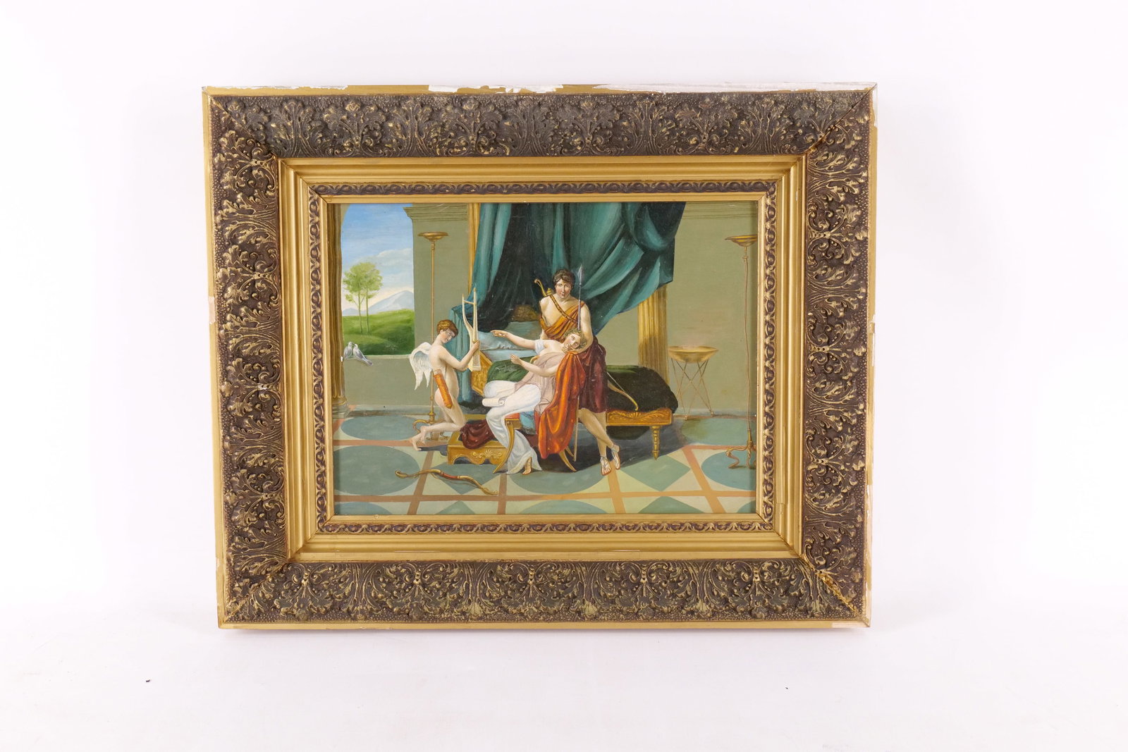 Oil on Canvas - Mythological Scene: Oil on Canvas. Depicting a Classical Mythology Scene. Unsigned. Late 20th Century. Frame is AS-Found. Measures 18.5" tall x 22.5" wide. All invoices must be paid within 24 hours of the sale. We offer 