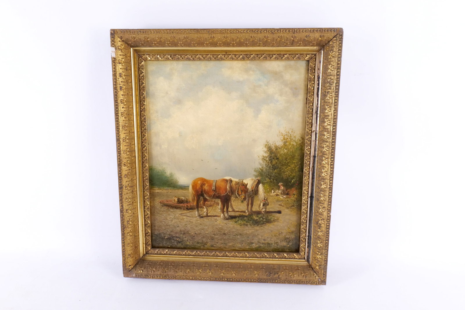 19th Century Oil on Canvas - Pastoral Plowing Scene with Work Horses: 19th Century Oil on Canvas. Depicting Horses at Rest in a Pastoral Field. Also has a farmer with dog resting. Signed lower right and dated - 1878. Possibly Thorpe. Frame is AS-Found. Measures 20.5" ta