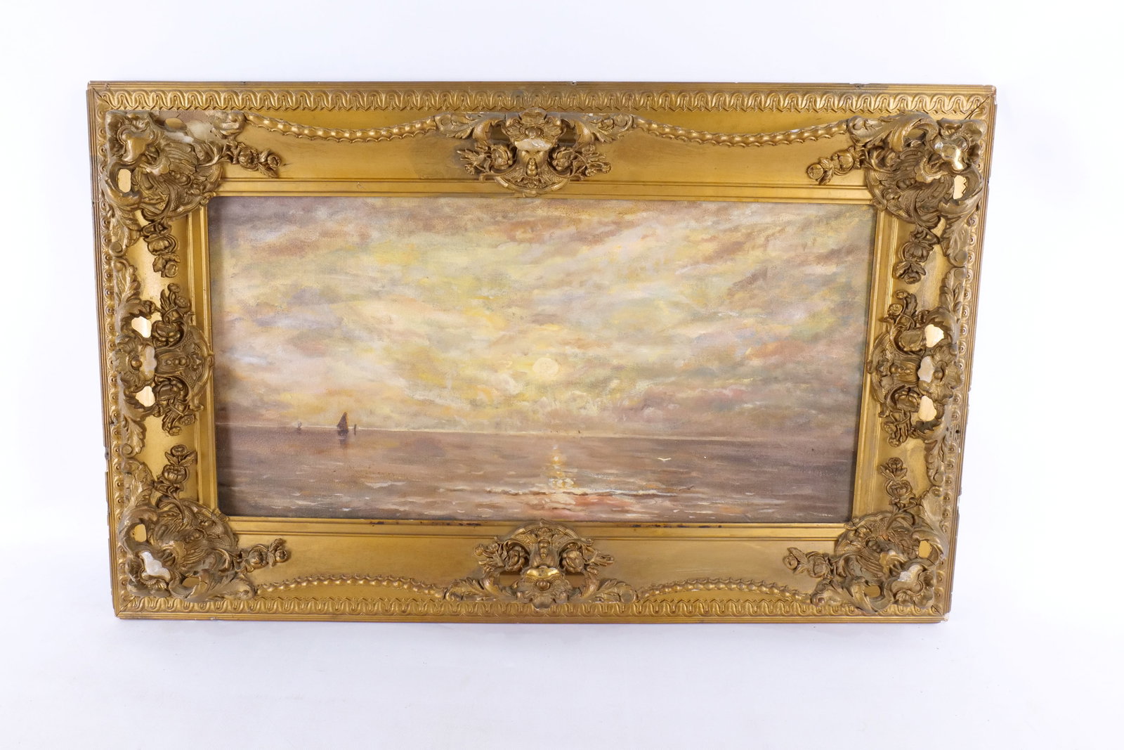 Antique Oil on Canvas - Maritime Scene: Antique Oil on Canvas. Depicting Maritime Scene with Sailboat. Unsigned. Frame is AS-Found. Measures 19.5" tall x 31.5" wide. All invoices must be paid within 24 hours of the sale. We offer multiple s
