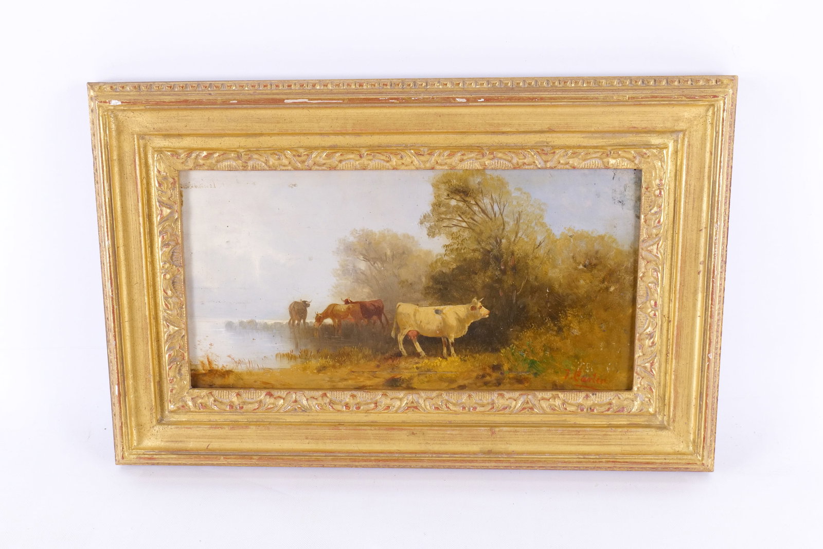 Antique Oil on Wood Panel by Carter - Cows: Antique Oil on Wood Panel by Carter. Depicting Pastoral Landscape with Cows in a Field near Water. Scratch present on the bottom of the image. Signed lower right. Frame is AS-Found. Measures 10.25" ta