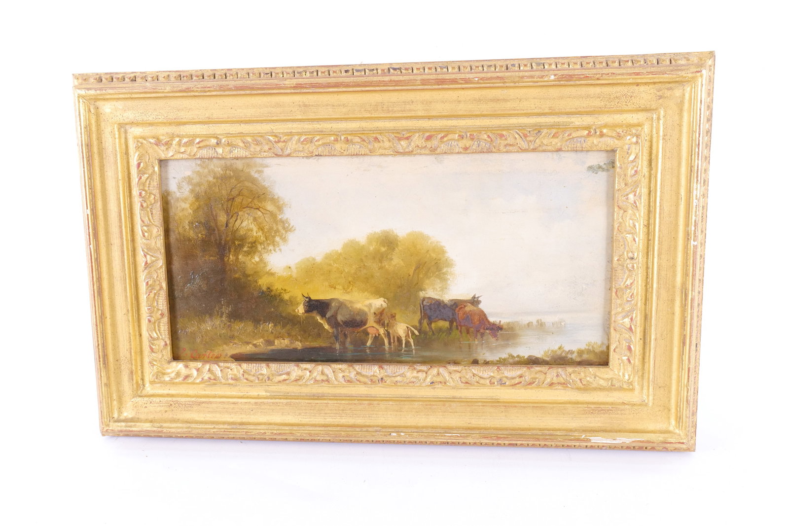 Antique Oil on Wood Panel by Carter - Cows: Antique Oil on Wood Panel by Carter. Depicting Pastoral Landscape with Cows in a Field near Water. Signed lower left. Frame is AS-Found. Measures 10.25" tall x 16.25" wide. All invoices must be paid w