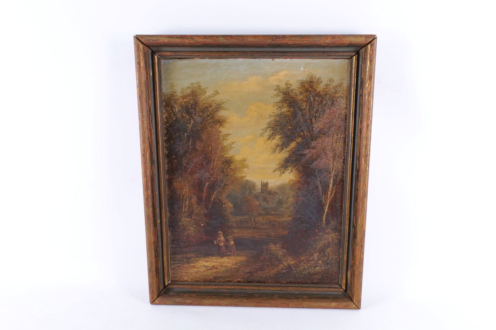19th Century Oil on Canvas - Countryside Landscape: 19th Century Oil on Canvas. Depicting Countryside Landscape - Pastoral Scene with Figures. Nice church image in the background. Notated on back - Artist J. Mellor. Wood Frame is AS-Found. Measures 21"