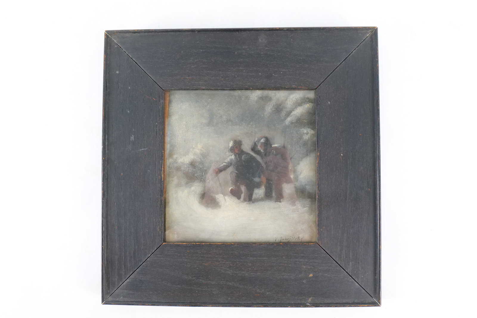 Original Oil on Paper by V. Zabezlicky - Figures in Snowstorm: Original Oil on Paper by V. Zabezlicky. Depicting Two Figures - Possibly Soldiers or Travelers navigating through a heavy snowstorm/blizzard. A little loose inside the frame. Measures 14" tall x 14" w