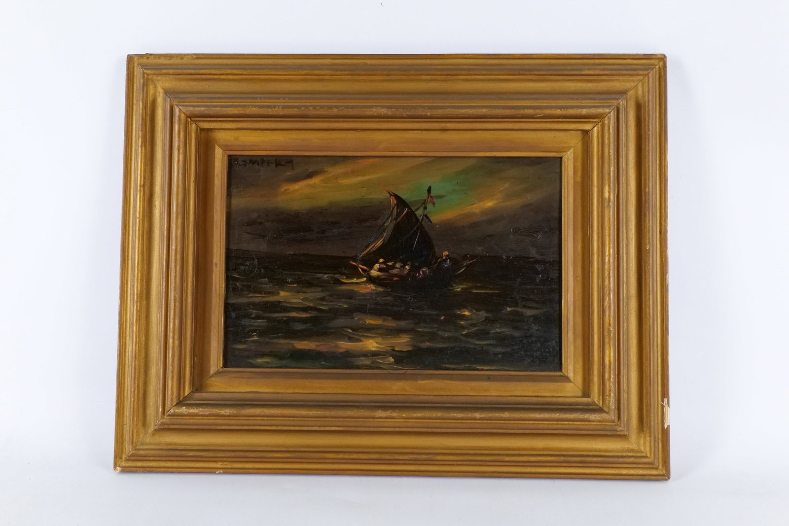 Antique Oil on Wood Panel - Fishermen in Stormy Seas: Antique Oil on Wood Panel - Depicting Fishermen in Stormy Seas. Artist Signed - Top Left. Frame AS-Found. Measures 14.5" tall x 19" wide. All invoices must be paid within 24 hours of the sale. We offe