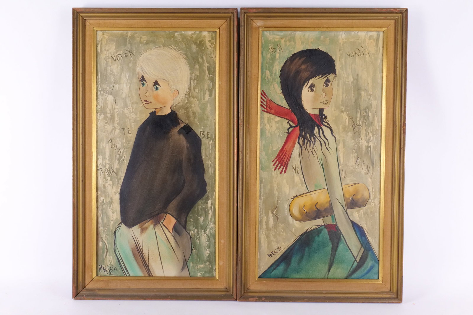 Pair of Oil on Canvas Paintings - 1962 French Parisian Street Style Portraits: Pair of Oil on Canvas Paintings - 1962 French Parisian Street Style Portraits. One depicting a boy and other a girl. Boy with cigarette has a repair to the canvas. Signed Paris '62 on both. Measures 2