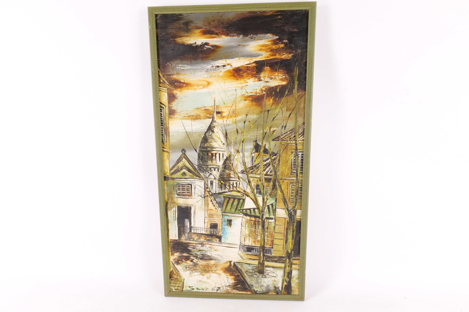 Oil on Canvas by Sanz - Mid Century Street Scene: Oil on Canvas by Sanz. Depicting a European Mid Century Modern Street Scene. Textured. Signed lower left and dated 1967. Measures 24.25" tall x 12.5" wide. All invoices must be paid within 24 hours of
